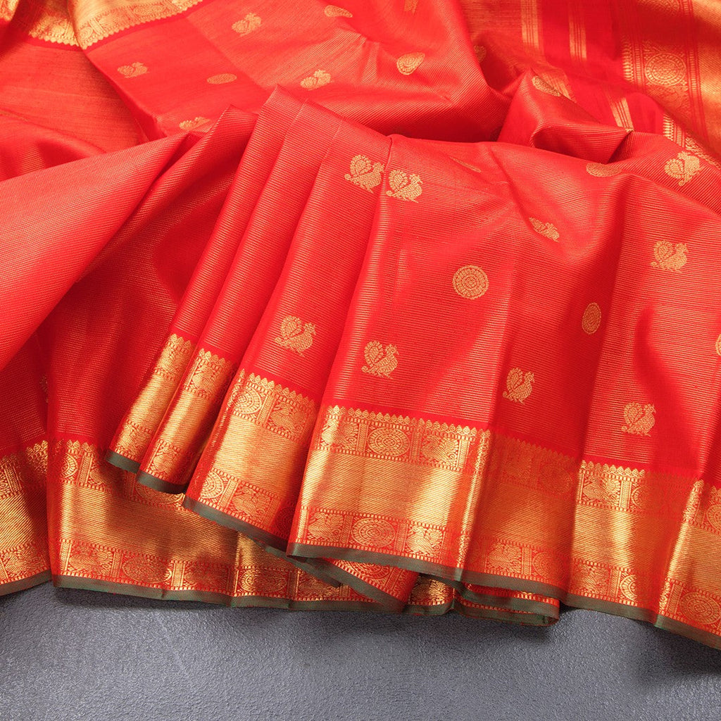 Red Vairaoosi Silk Saree With Peacock And Chakra Buttas And Rettapet Border