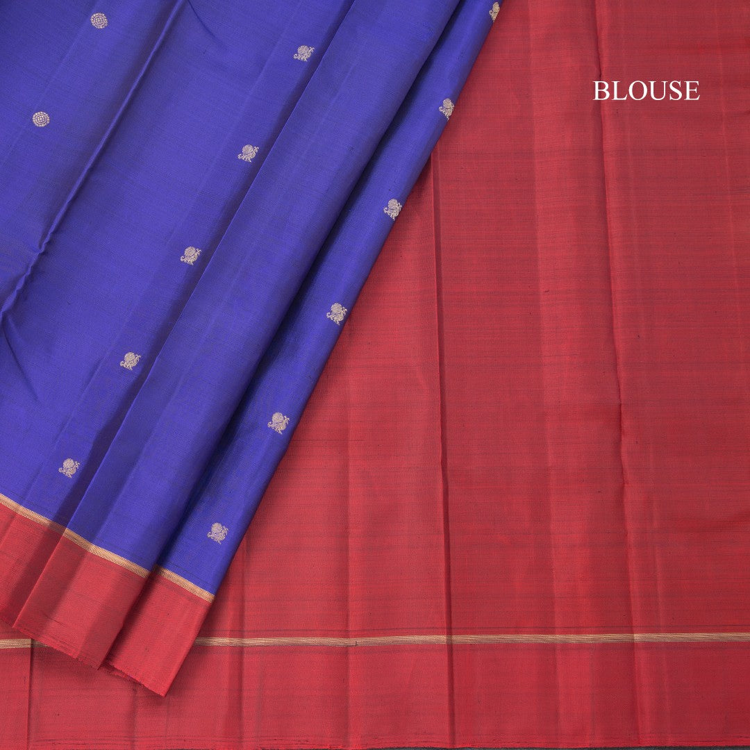 Blue Silk Saree With Peacock And Chakra Buttas And Maroon Border