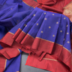 Blue Silk Saree With Peacock And Chakra Buttas And Maroon Border