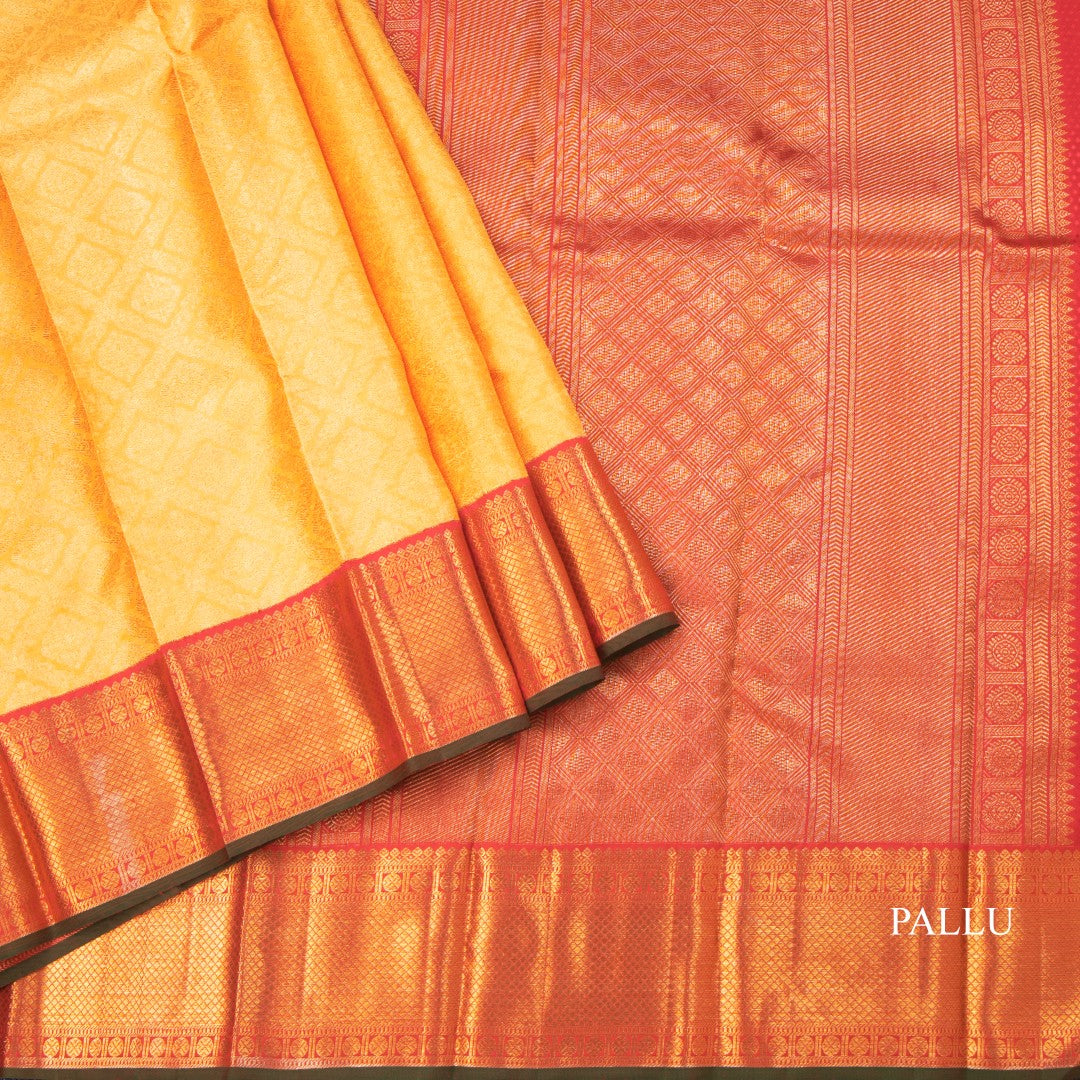 Mango Yellow Brocade Silk Saree And Gold Zari Border