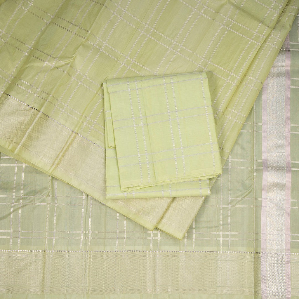 8 X 4 Zari Checked Pista Green Silk Dhoti With Angavastram and Matching Shirt Material