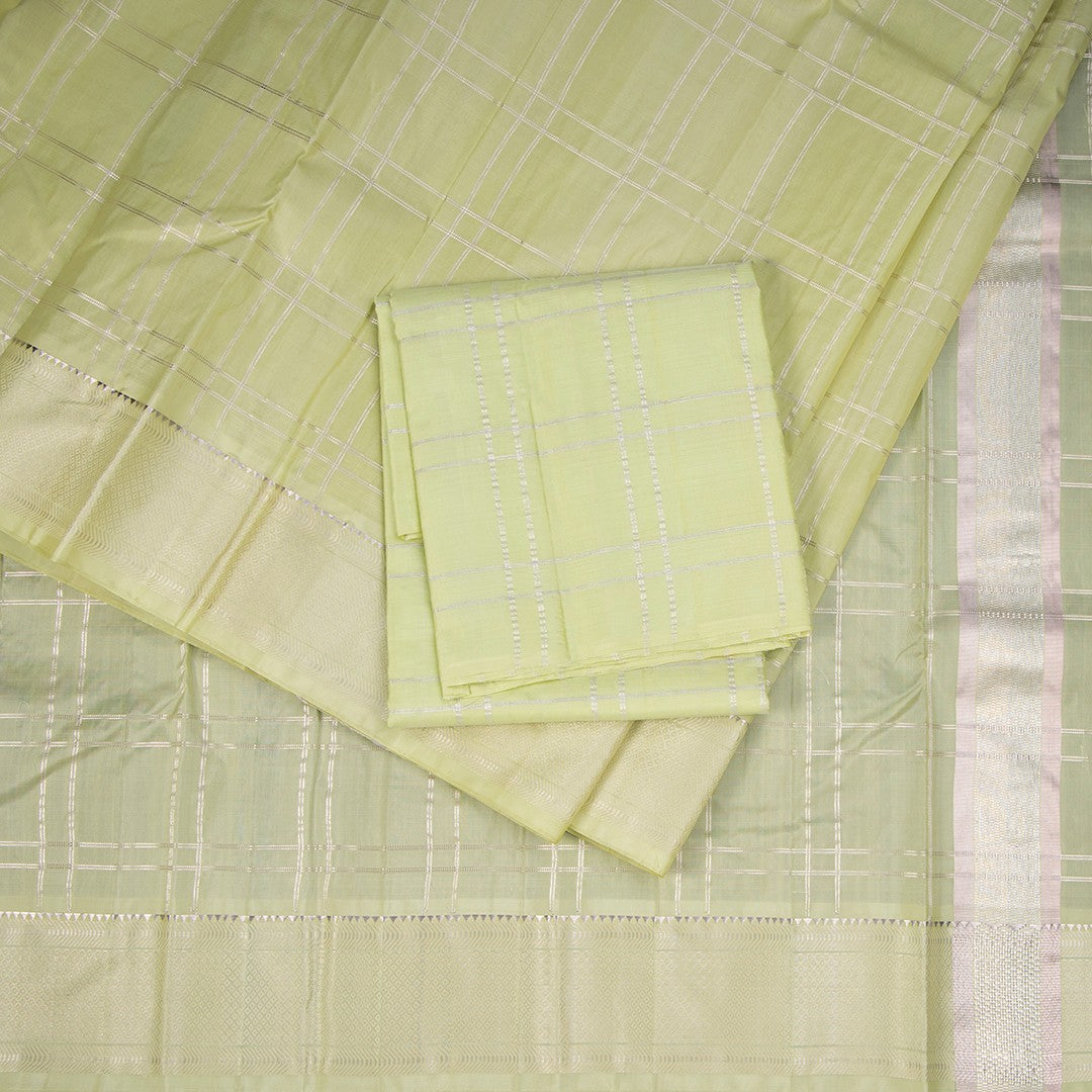 8 X 4 Zari Checked Pista Green Silk Dhoti With Angavastram and Matching Shirt Material