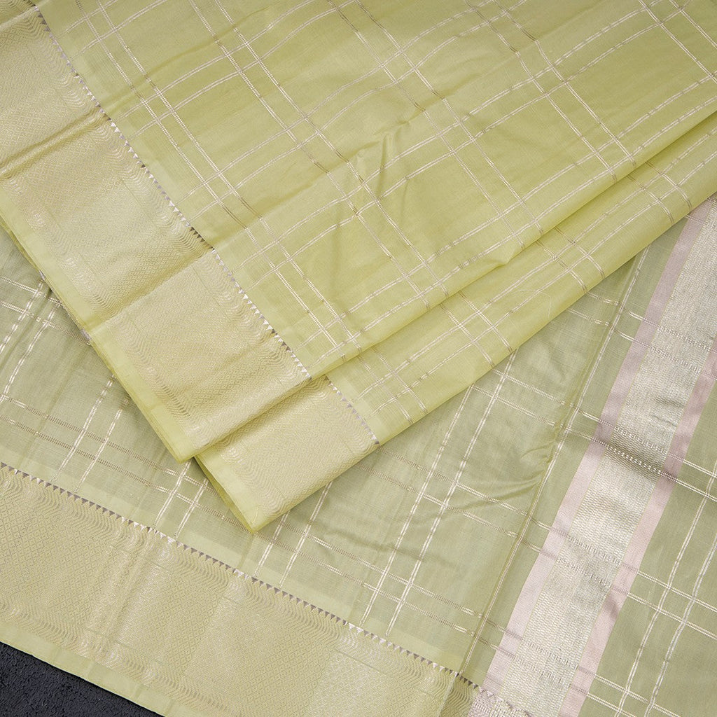 8 X 4 Zari Checked Pista Green Silk Dhoti With Angavastram and Matching Shirt Material