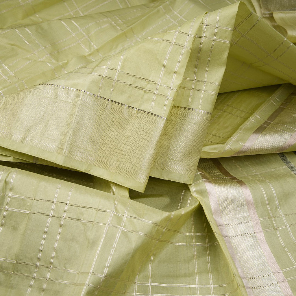 8 X 4 Zari Checked Pista Green Silk Dhoti With Angavastram and Matching Shirt Material - Kumaran Silks