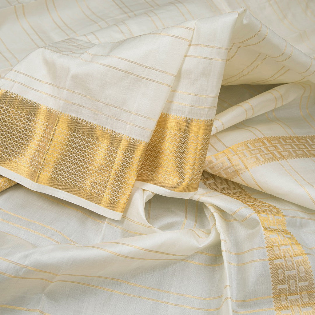 8 X 4 Off White Striped Silk Dhoti With Angavastram and Matching Shirt Material - Kumaran Silks