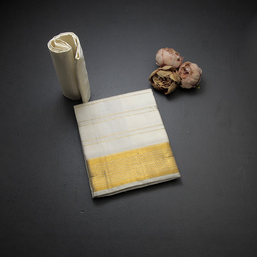 8 X 4 Off White Striped Silk Dhoti With Angavastram and Matching Shirt Material