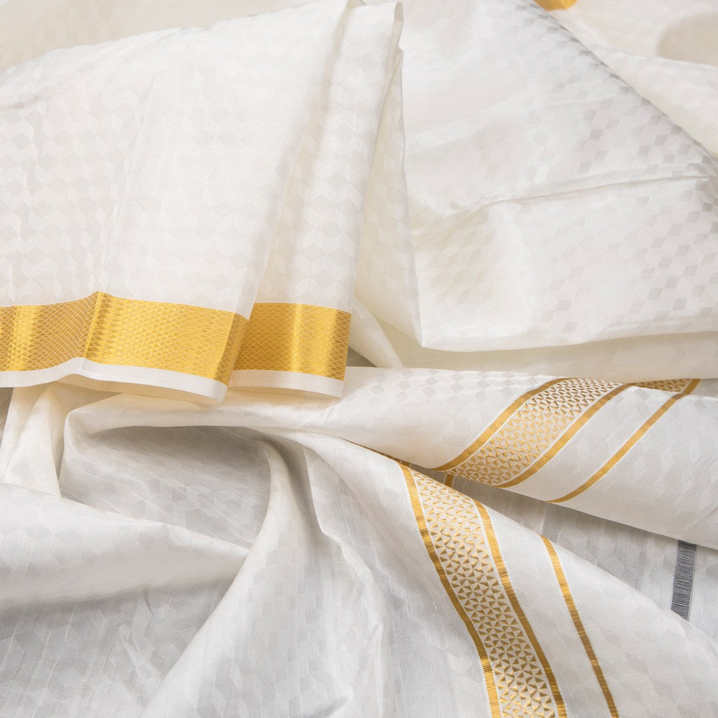 Designer Embossed Cream Silk Dhoti With Angavastram 8 X 4 80K 04 - Kumaran Silks