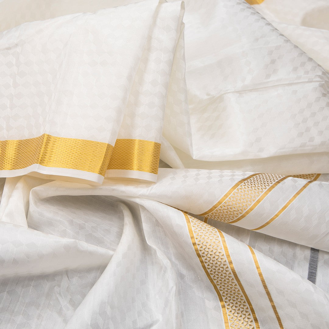 Designer Embossed Cream Silk Dhoti With Angavastram 8 X 4 80K 04 - Kumaran Silks