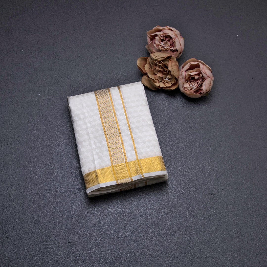 Designer Embossed Cream Silk Dhoti With Angavastram 8 X 4 80K 04