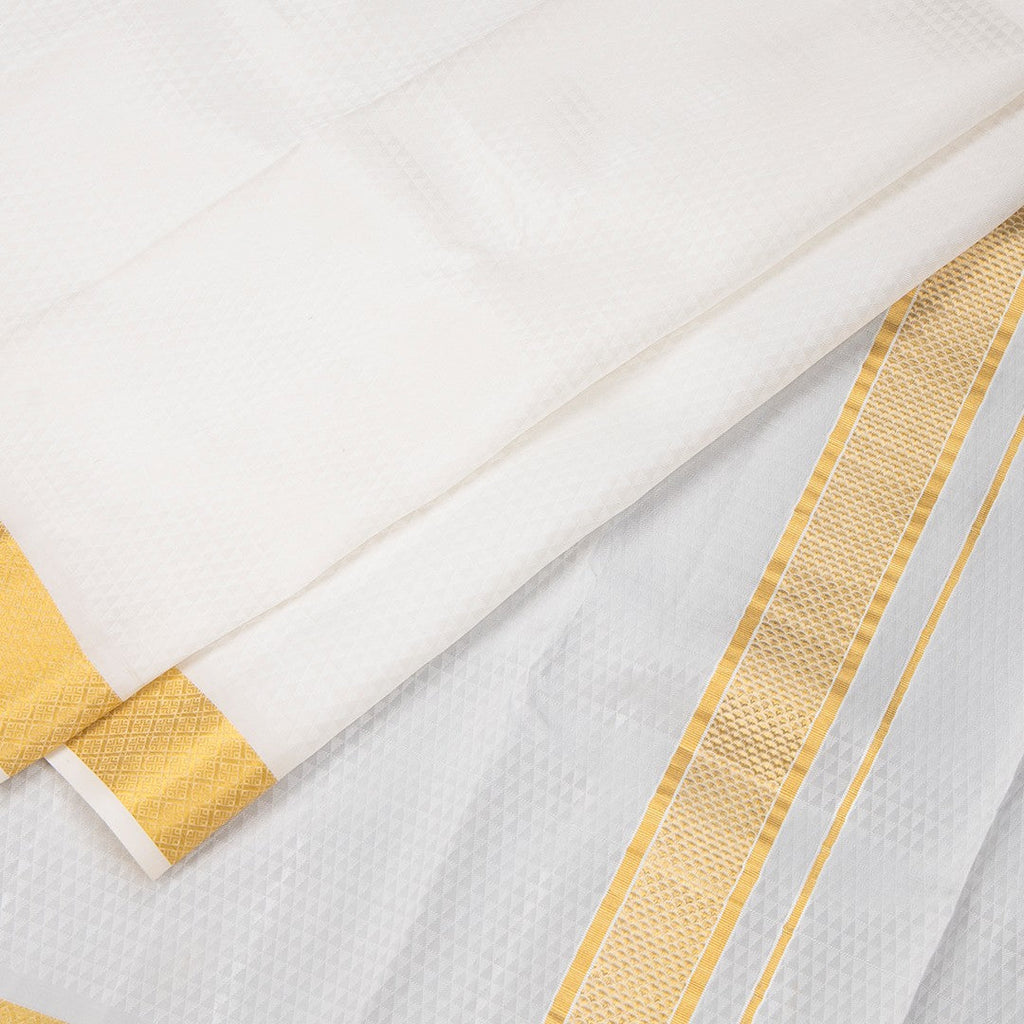 Designer Embossed Cream Silk Dhoti With Angavastram 8 X 4 100K 08