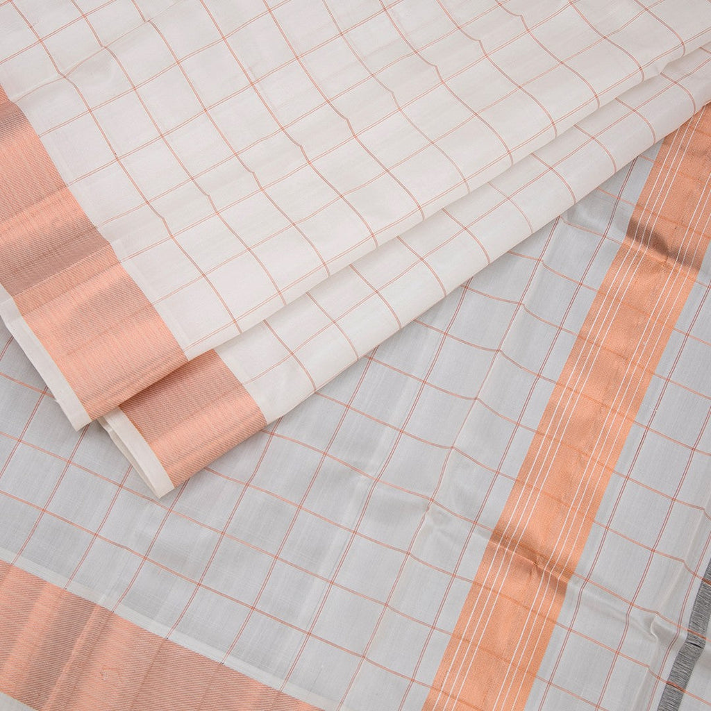 8 X 4 Cream Zari Checked Silk Dhoti With Angavastram And Matching Shirt Material