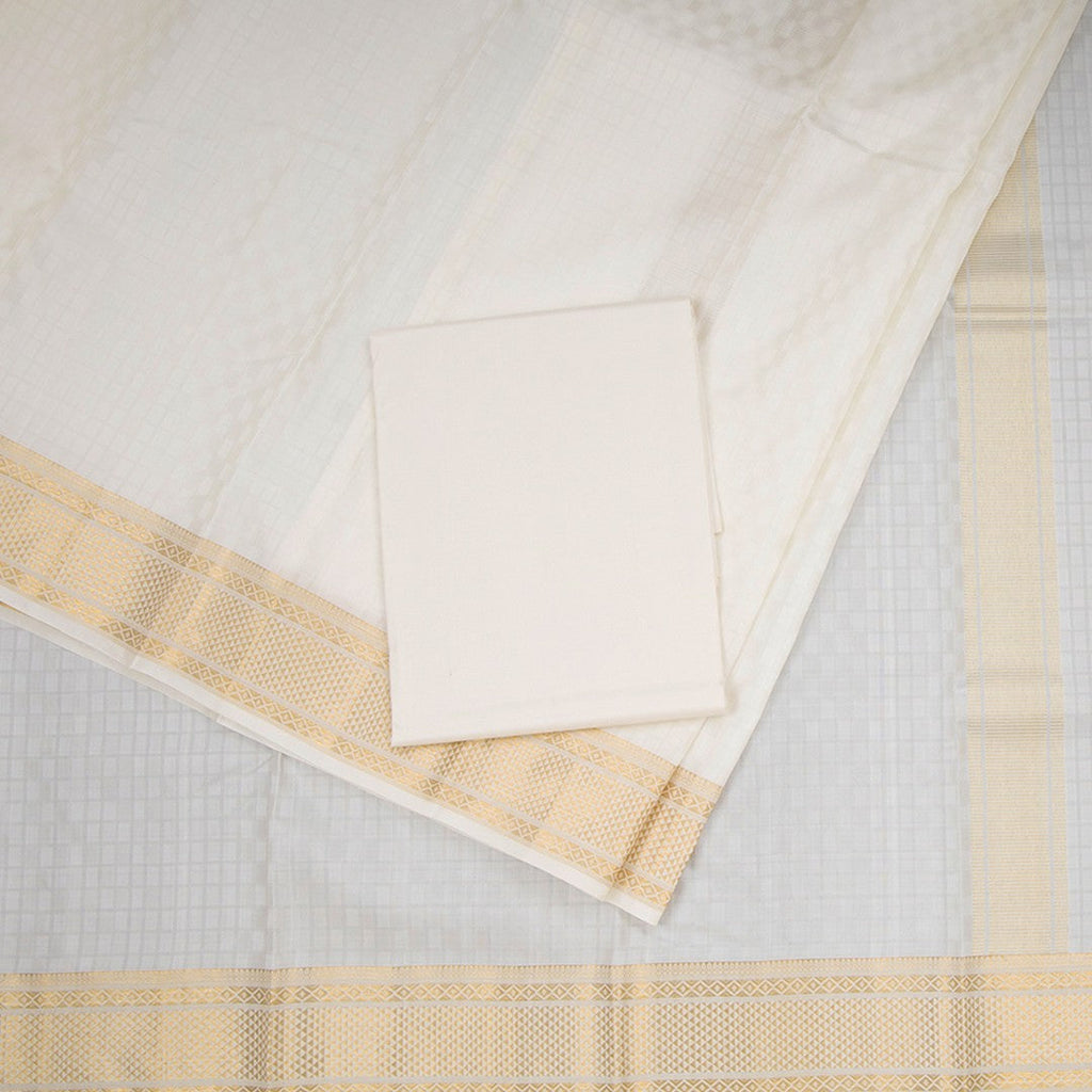 8 X 4 Cream Checked Silk Dhoti With Angavastram And Matching Shirt Material