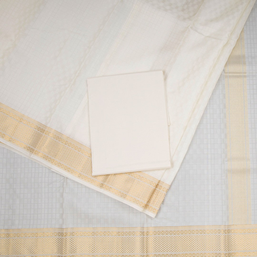8 X 4 Cream Checked Silk Dhoti With Angavastram And Matching Shirt Material