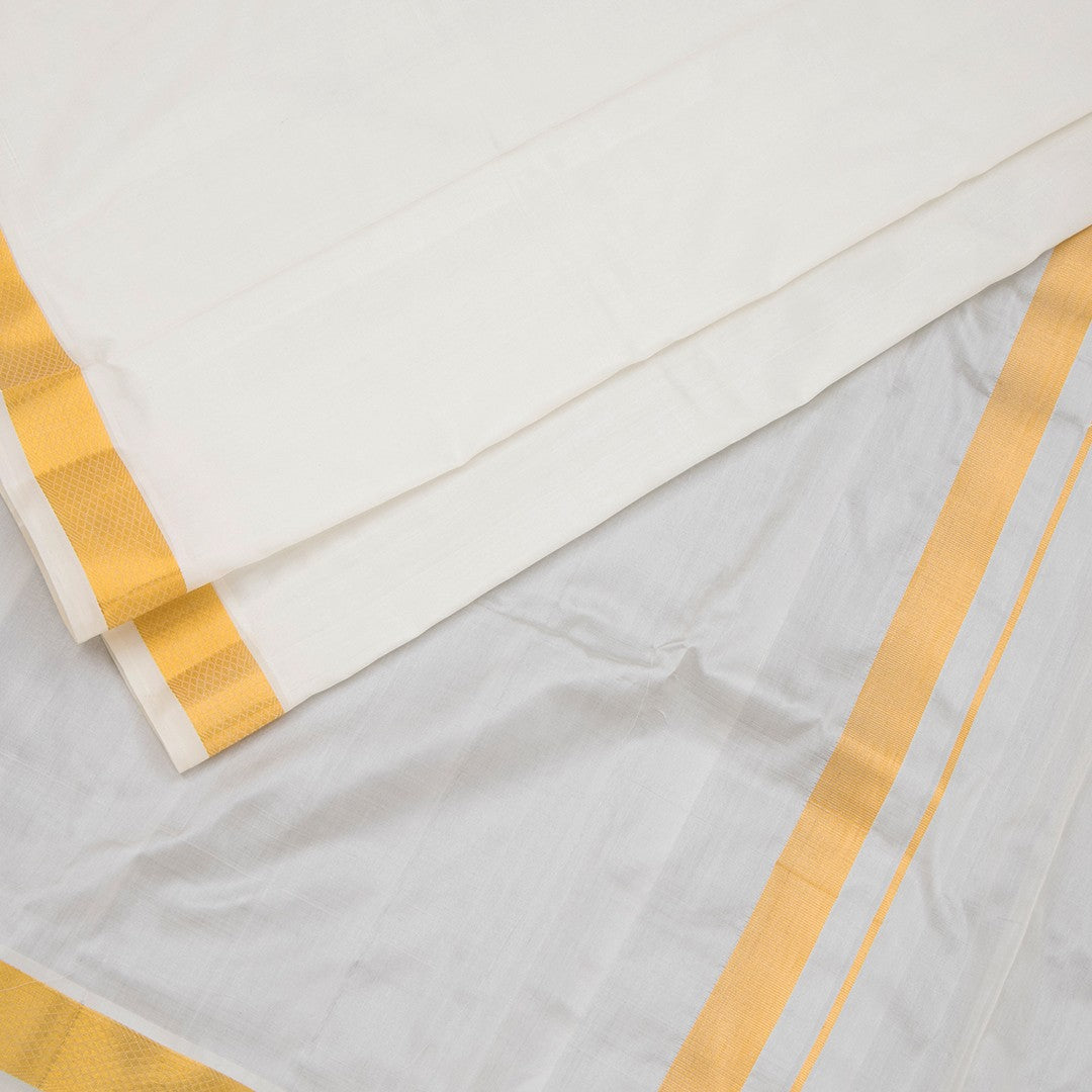 8 X 4 Cream Plain Silk Dhoti With Angavastram And Matching Shirt Material