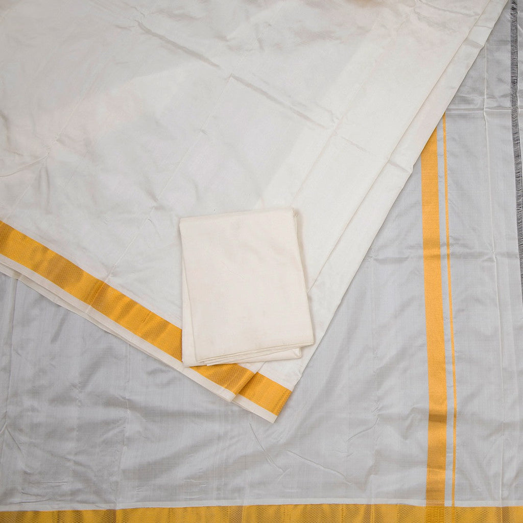 8 Mozham Cream Plain Silk Dhoti And Matching Shirt Material