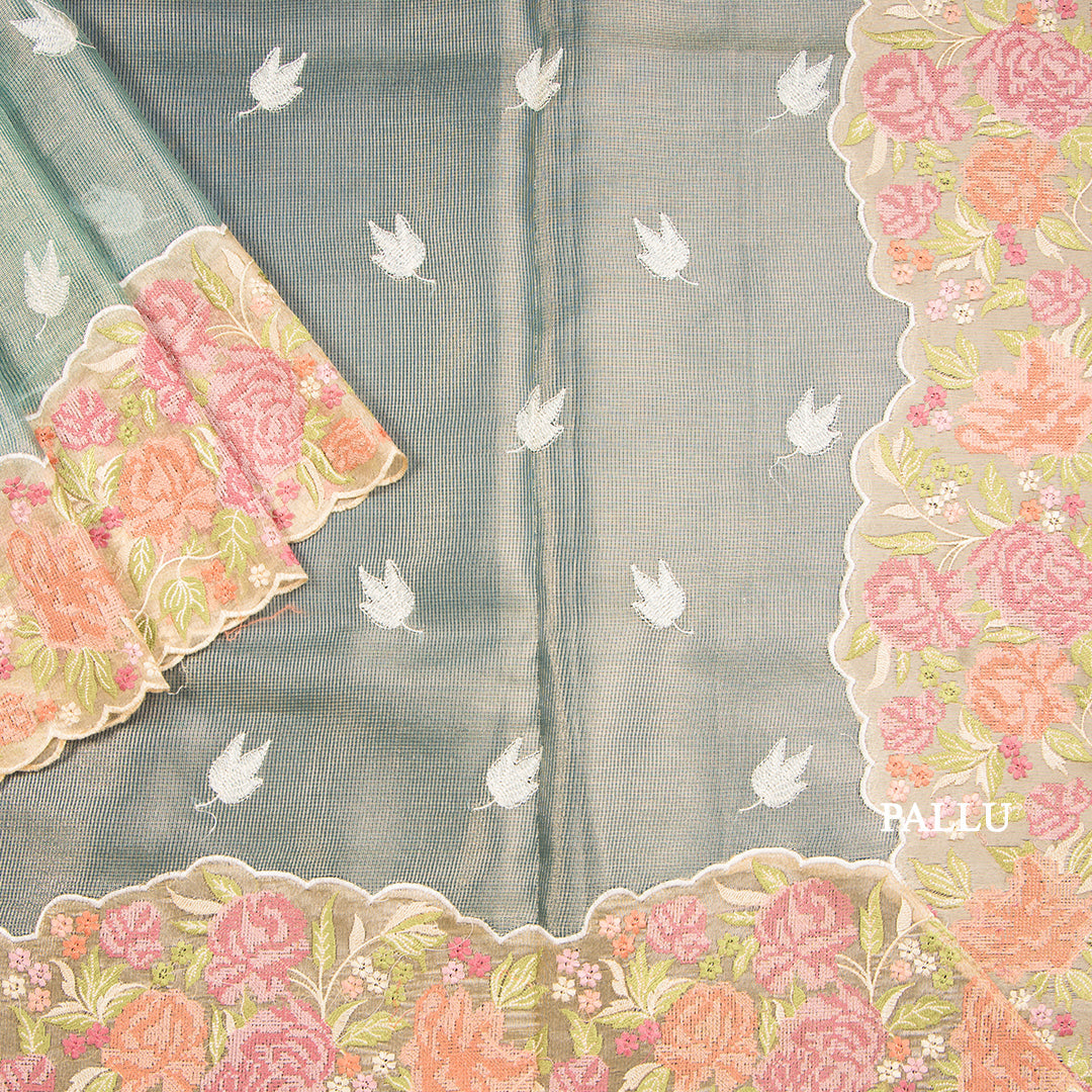 Kota Tissue Green Gold Thread Embroidered Saree-02