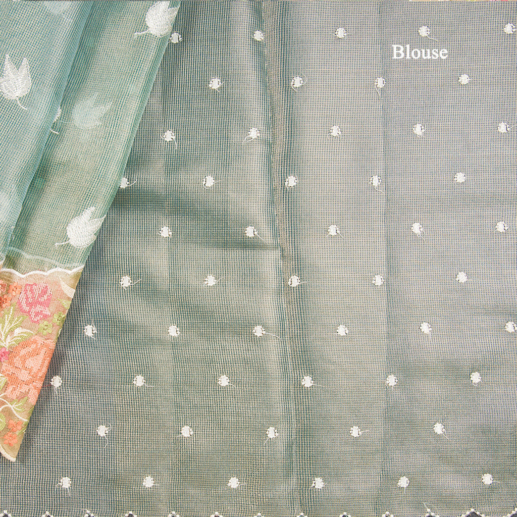 Kota Tissue Green Gold Thread Embroidered Saree-02