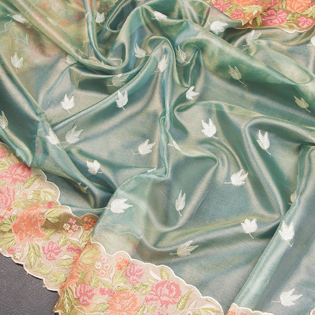 Kota Tissue Green Gold Thread Embroidered Saree-02 - Kumaran Silks