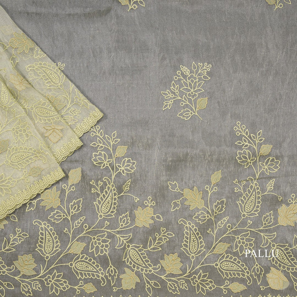 Organza Apple Green Thread Embroidered Saree