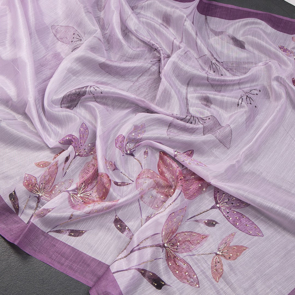Lavender Semi Raw Silk Printed Sequence Work Embroidered Saree