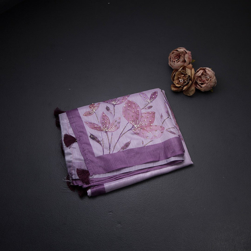 Lavender Semi Raw Silk Printed Sequence Work Embroidered Saree