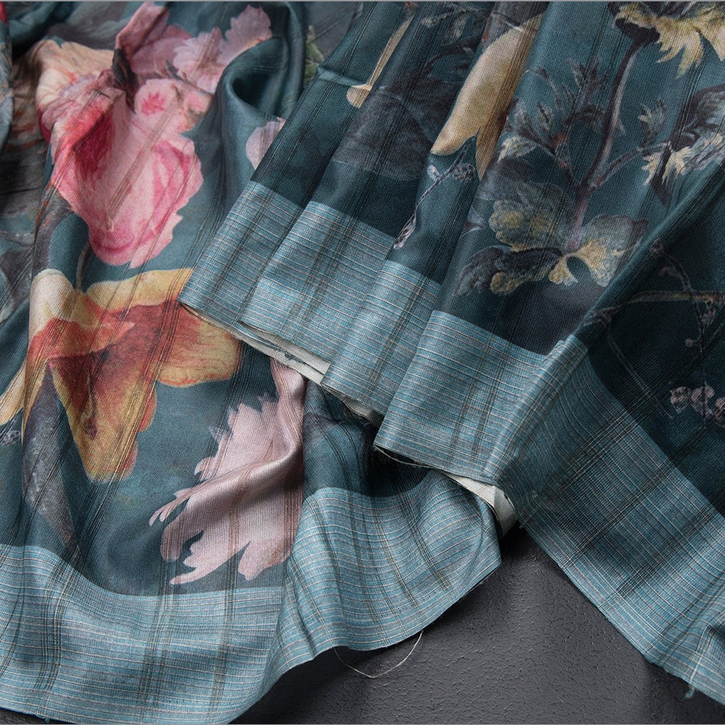 Dark Teal Green Semi Raw Silk Cotton Saree With Floral Print