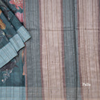 Dark Teal Green Semi Raw Silk Cotton Saree With Floral Print