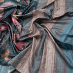 Dark Teal Green Semi Raw Silk Cotton Saree With Floral Print - Kumaran Silks