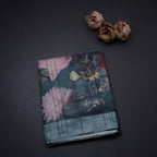 Dark Teal Green Semi Raw Silk Cotton Saree With Floral Print