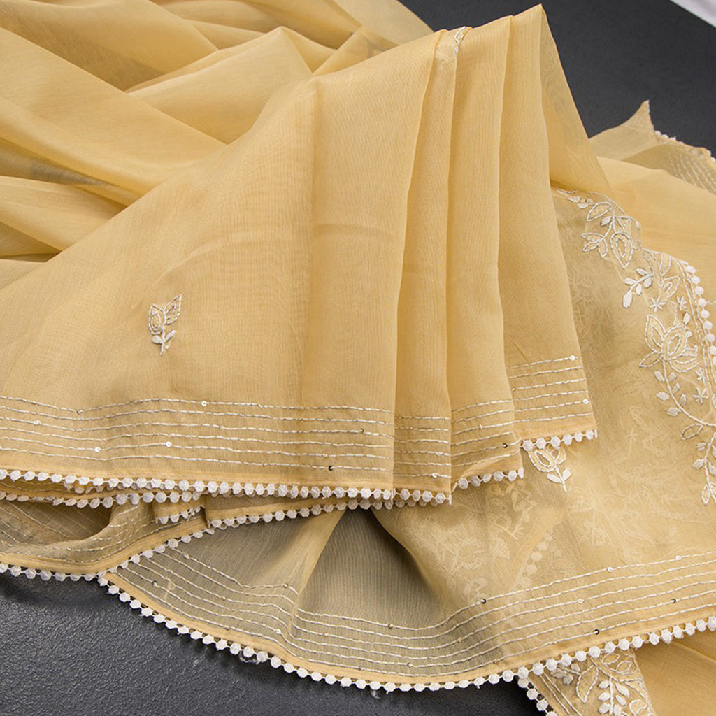 Semi Linen Sandal Thread Embroidered Saree