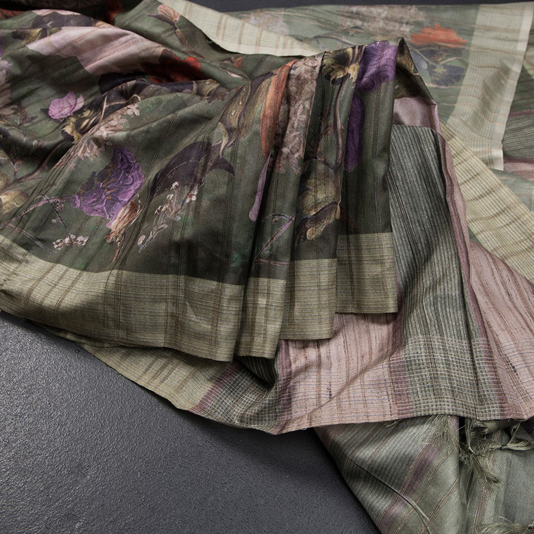 Semi Raw Silk Olive Green Floral Printed Saree - Kumaran Silks