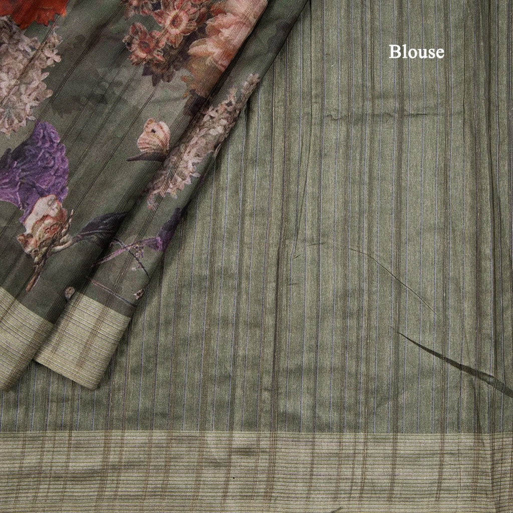 Semi Raw Silk Olive Green Floral Printed Saree - Kumaran Silks