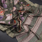 Semi Raw Silk Olive Green Floral Printed Saree - Kumaran Silks
