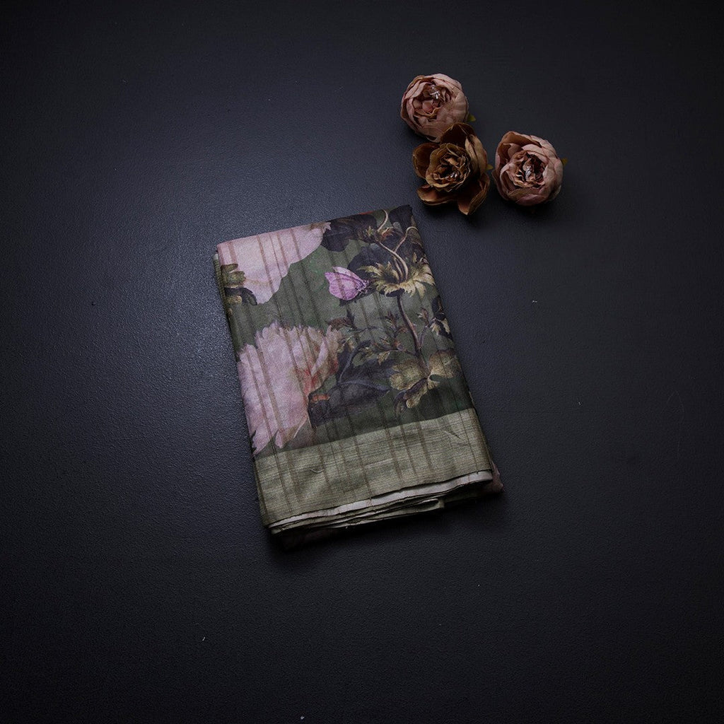 Semi Raw Silk Olive Green Floral Printed Saree - Kumaran Silks