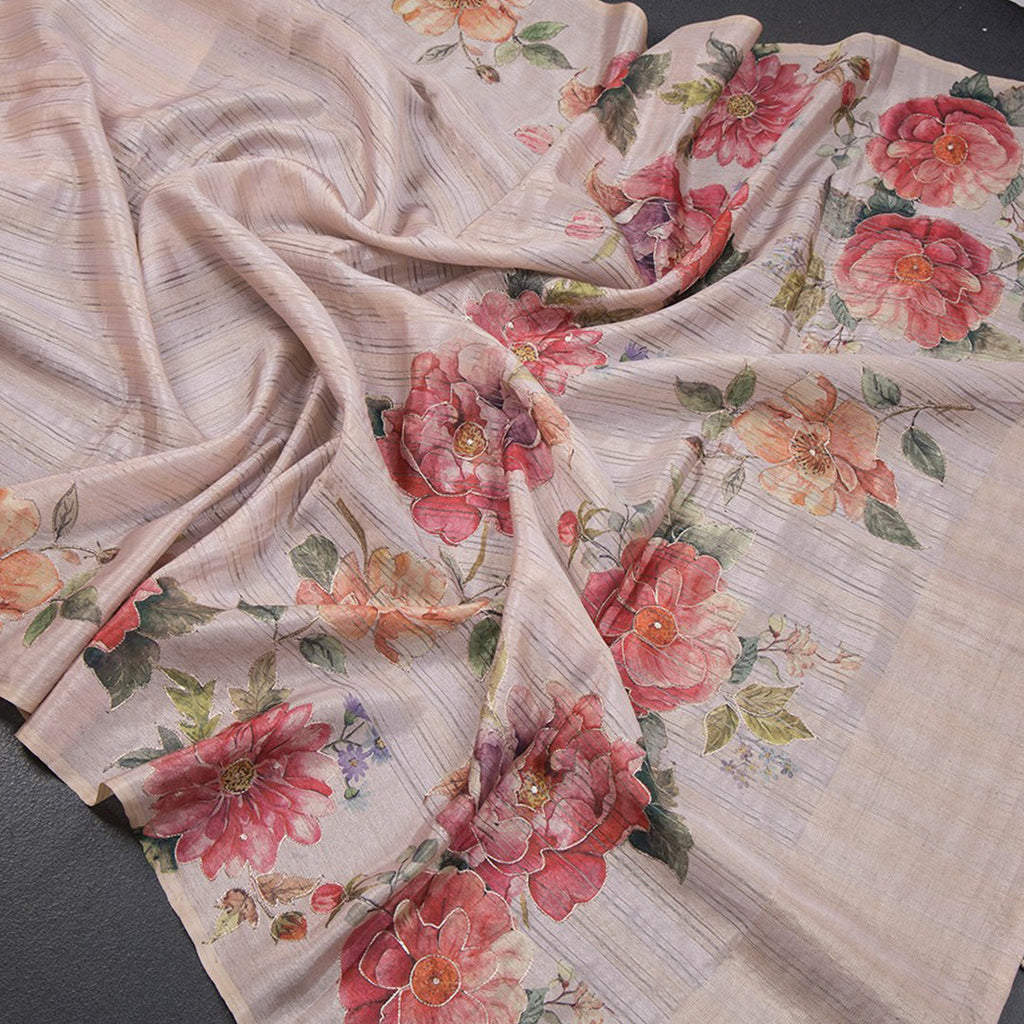 Semi Raw Silk Light Pink Saree With Zari Stripes Design