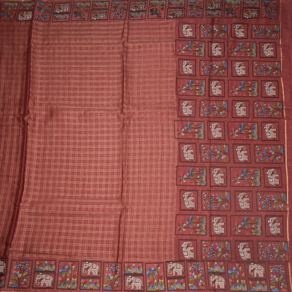 RTSR42118-2-Raw-Silk-Coral-Pink-Zari-Checked-With-Thread-Work-Saree-full-veiw