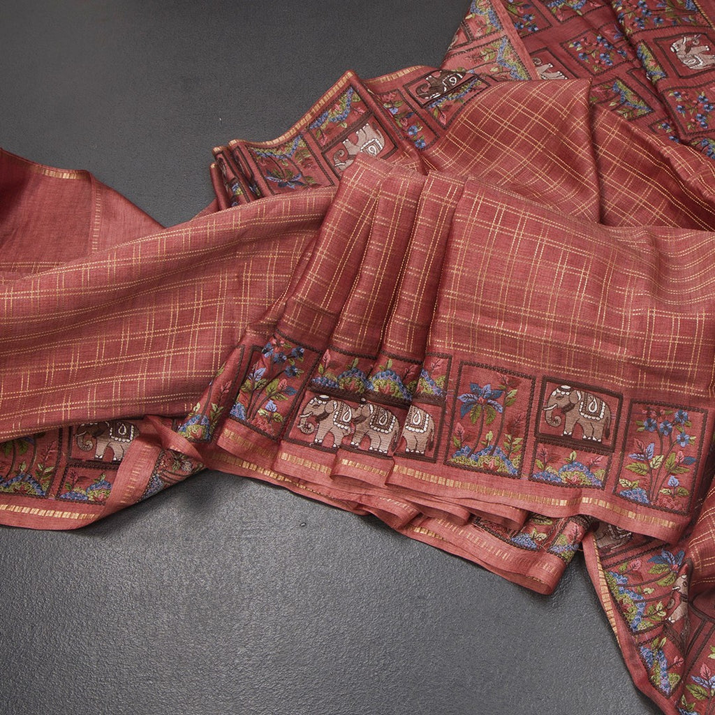 RTSR42118-Raw-Silk-Coral-Pink-Zari-Checked-With-Thread-Work-Saree-main