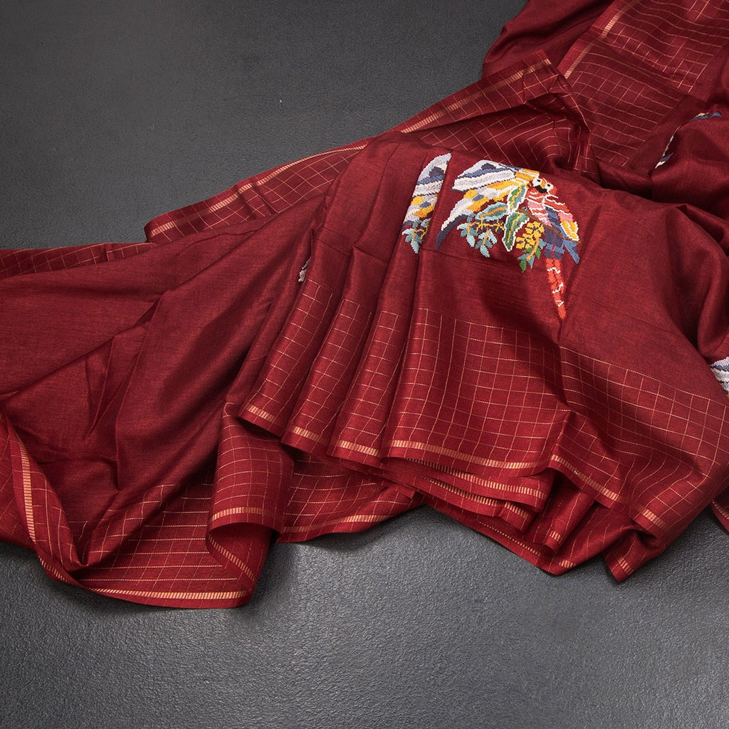 RTSR42121-Raw-Silk-Maroon-Zari-With-Thread-Work-Saree-In-Birds-Design-main