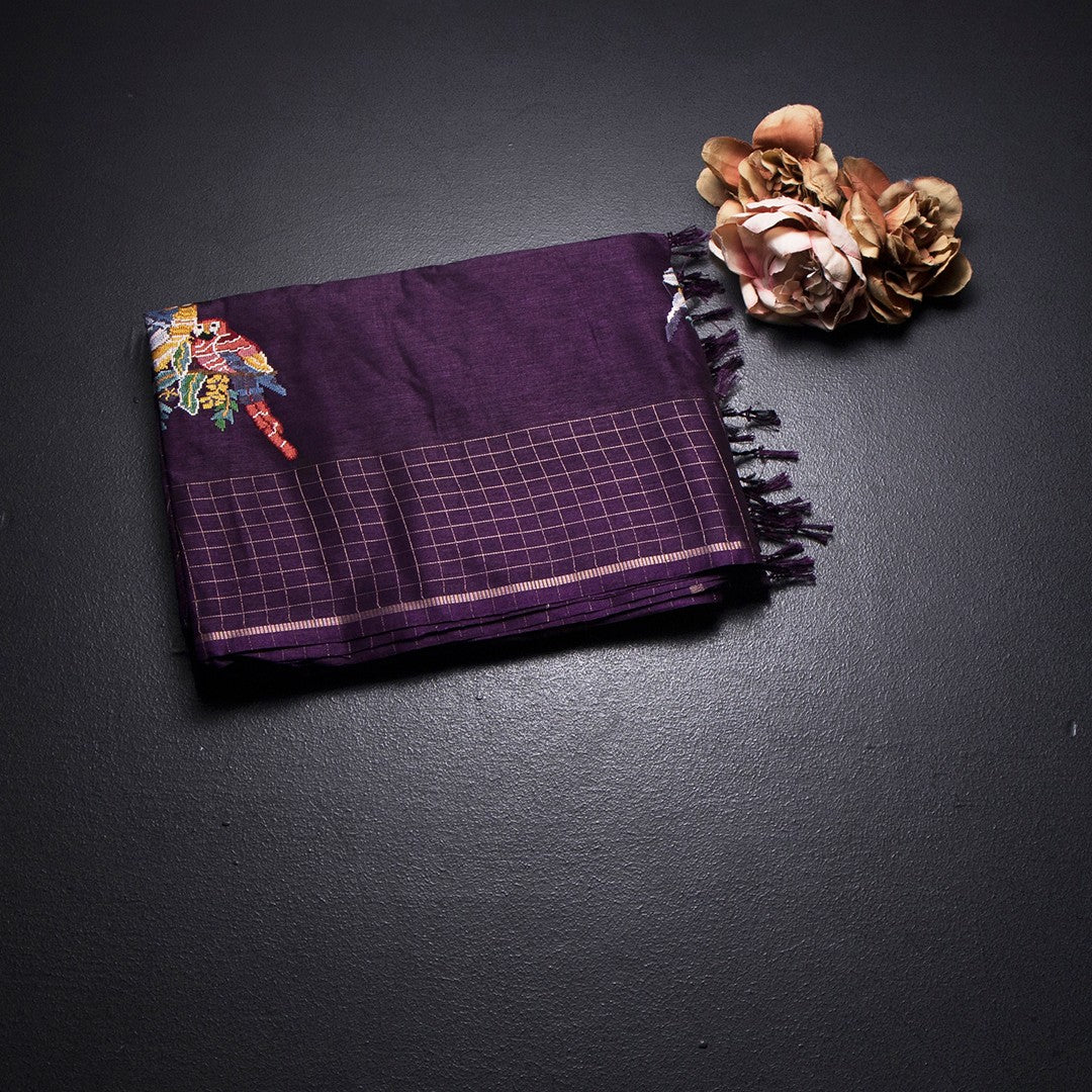 RTSR42122-1-Raw-Silk-Dark-Purple-Zari-With-Thread-Work-Saree-In-Birds-Design-fold