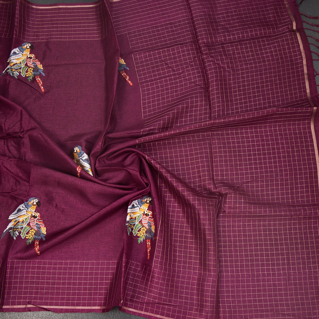 RTSR42126-5-Raw-Silk-Wine-Zari-With-Thread-Work-Saree-In-Birds-Design-crush