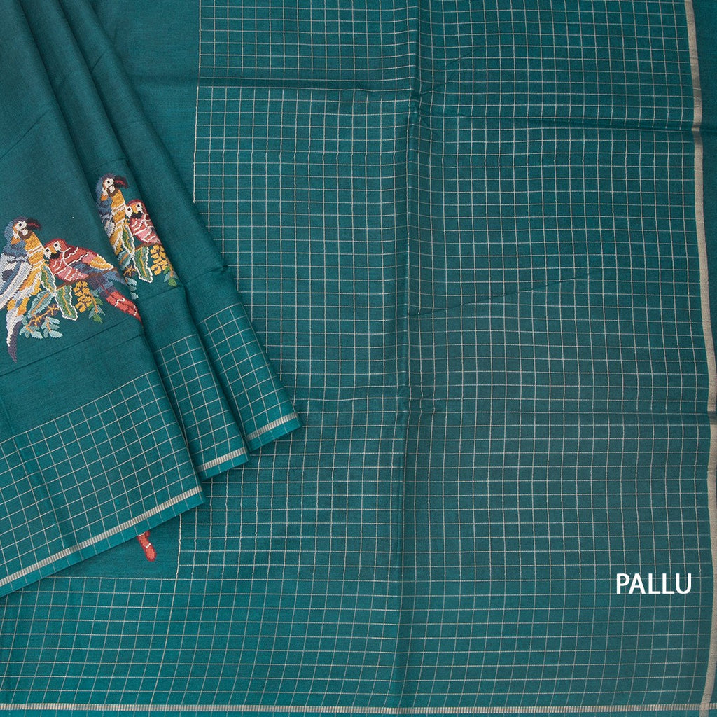RTSR42127-3-Raw-Silk-Teal-Green-Zari-With-Thread-Work-Saree-In-Birds-Design-pallu