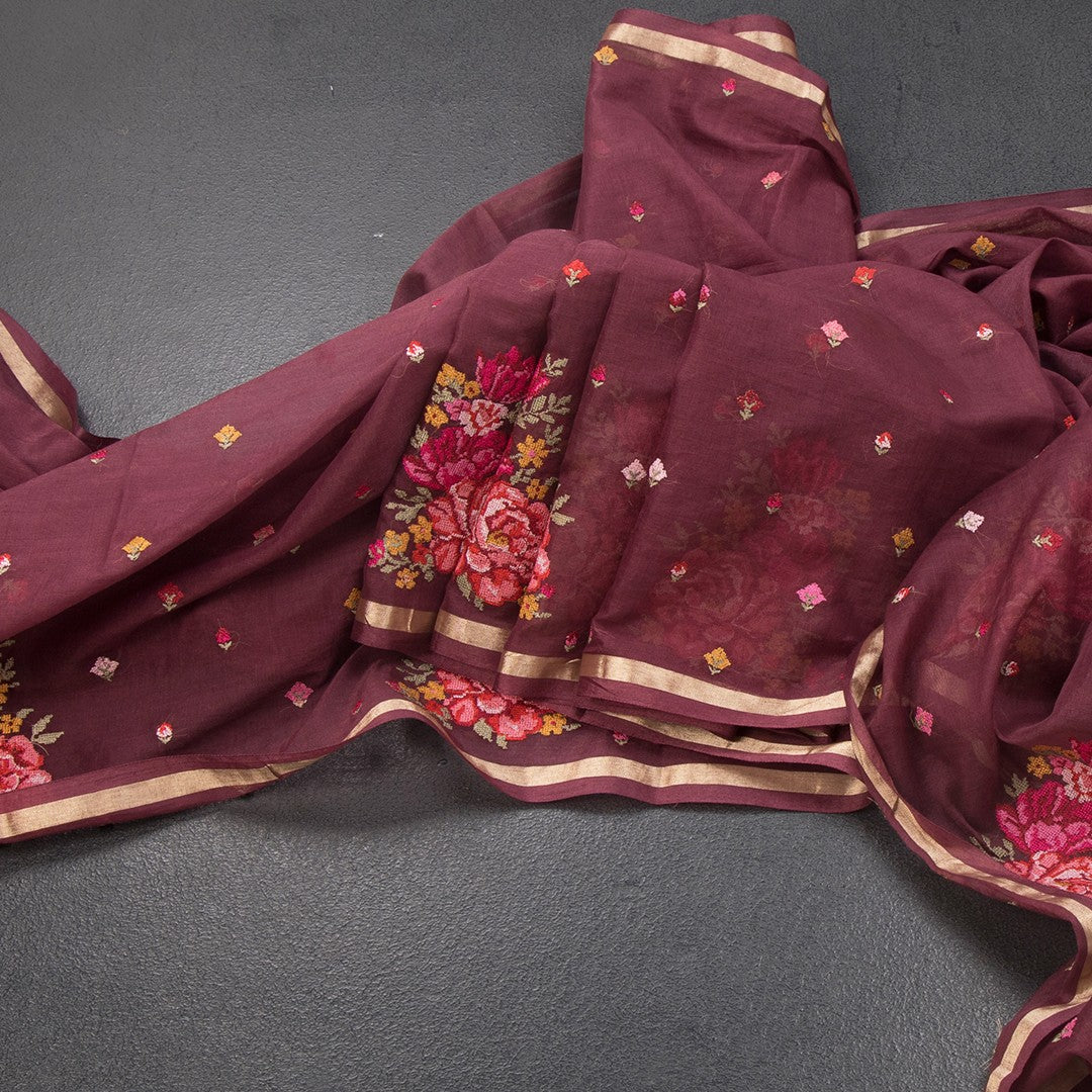 RTSR42188-Organza-Dark-Maroon-Floral-Thread-Work-Saree-main