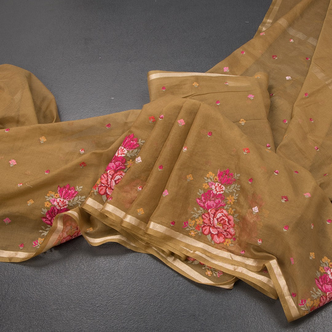 RTSR42189-Organza-Cinnamon-Brown-Floral-Thread-Work-Saree-main