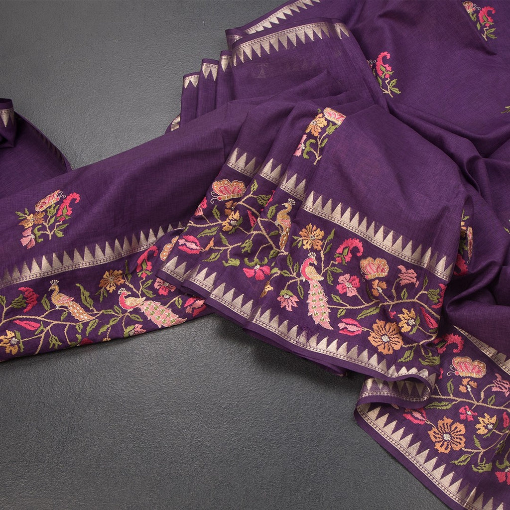 RTSR42206-Raw-Silk-Dark-Purple-Floral-Thread-Work-Saree-main