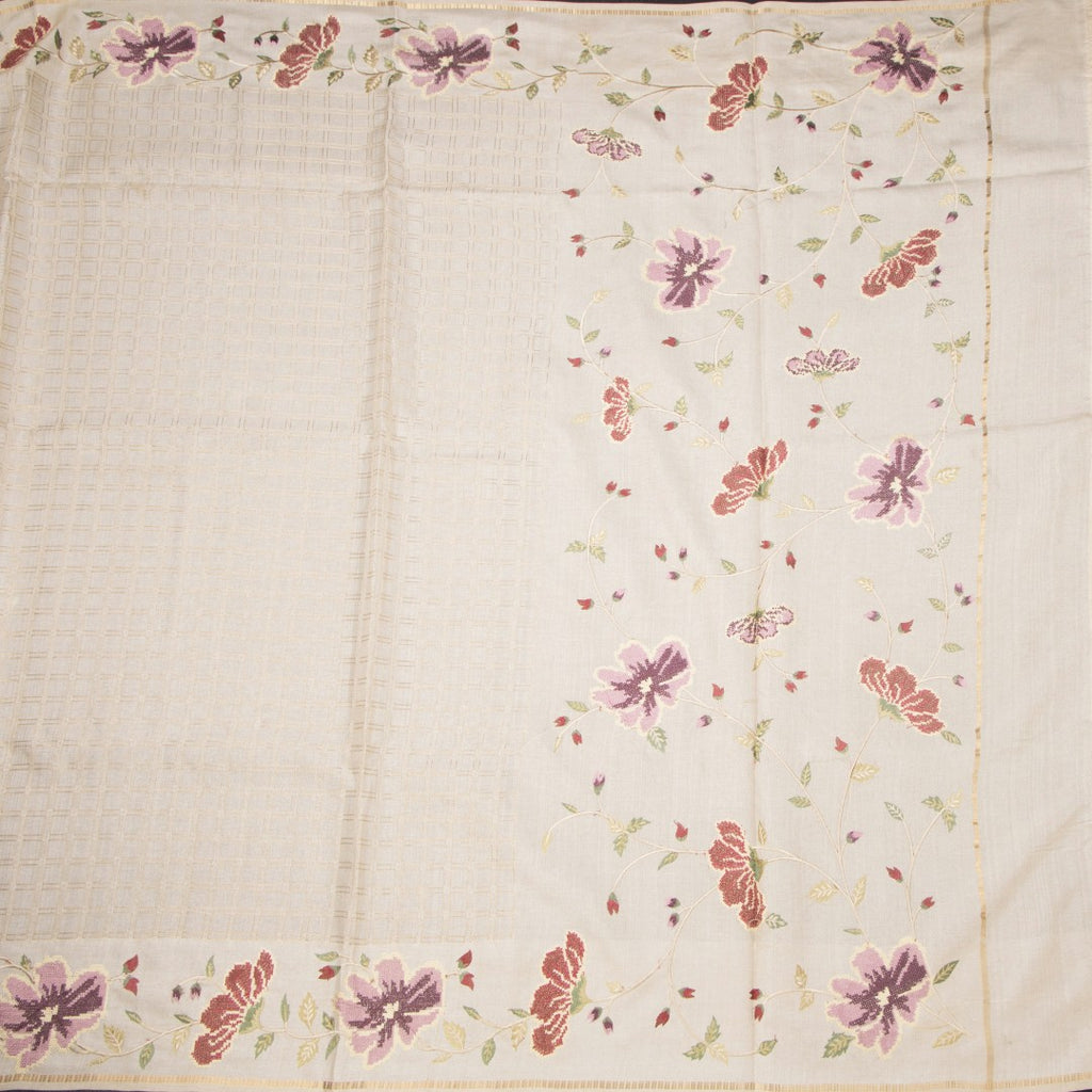 RTSR42214-2-Raw-Silk-Cream-Zari-Checked-Saree-And-Floral-Thread-Border-full-veiw