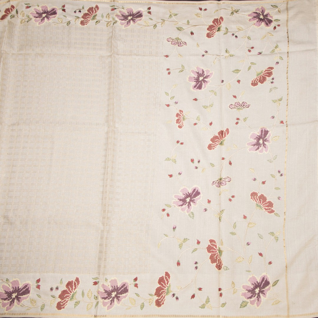 RTSR42214-2-Raw-Silk-Cream-Zari-Checked-Saree-And-Floral-Thread-Border-full-veiw