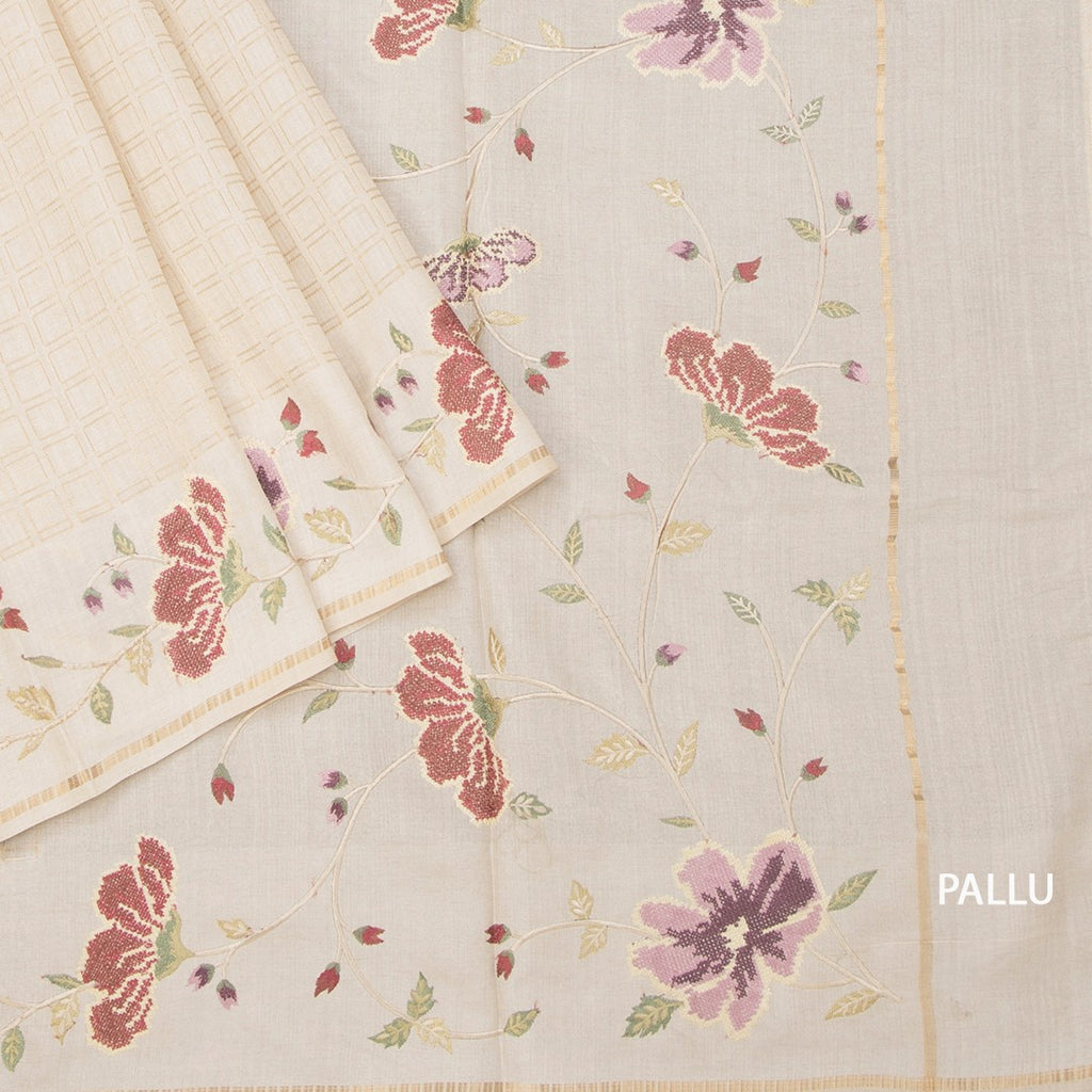 RTSR42214-3-Raw-Silk-Cream-Zari-Checked-Saree-And-Floral-Thread-Border-pallu