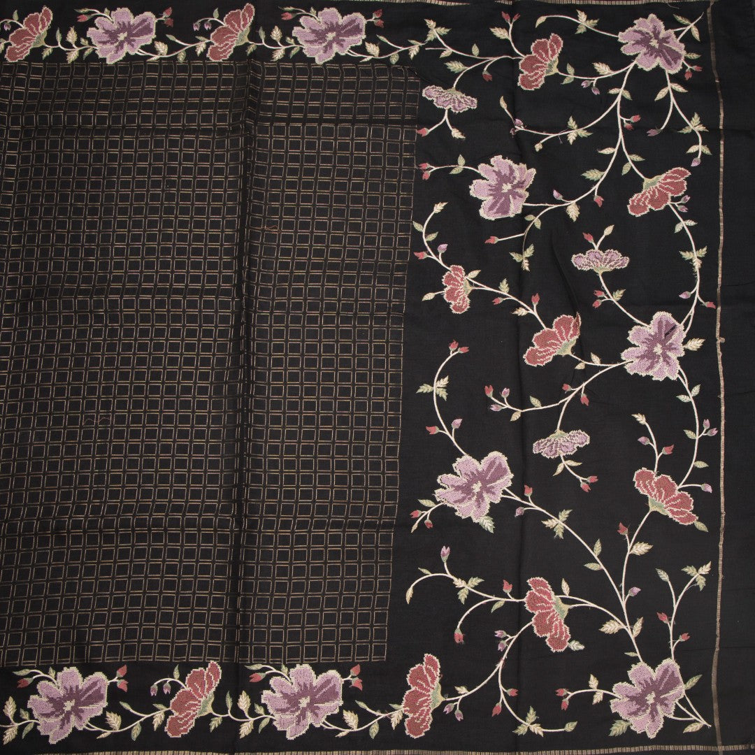 RTSR42218-2-Raw-Silk-Black-Zari-Checked-Saree-And-Floral-Thread-Border-full-veiw