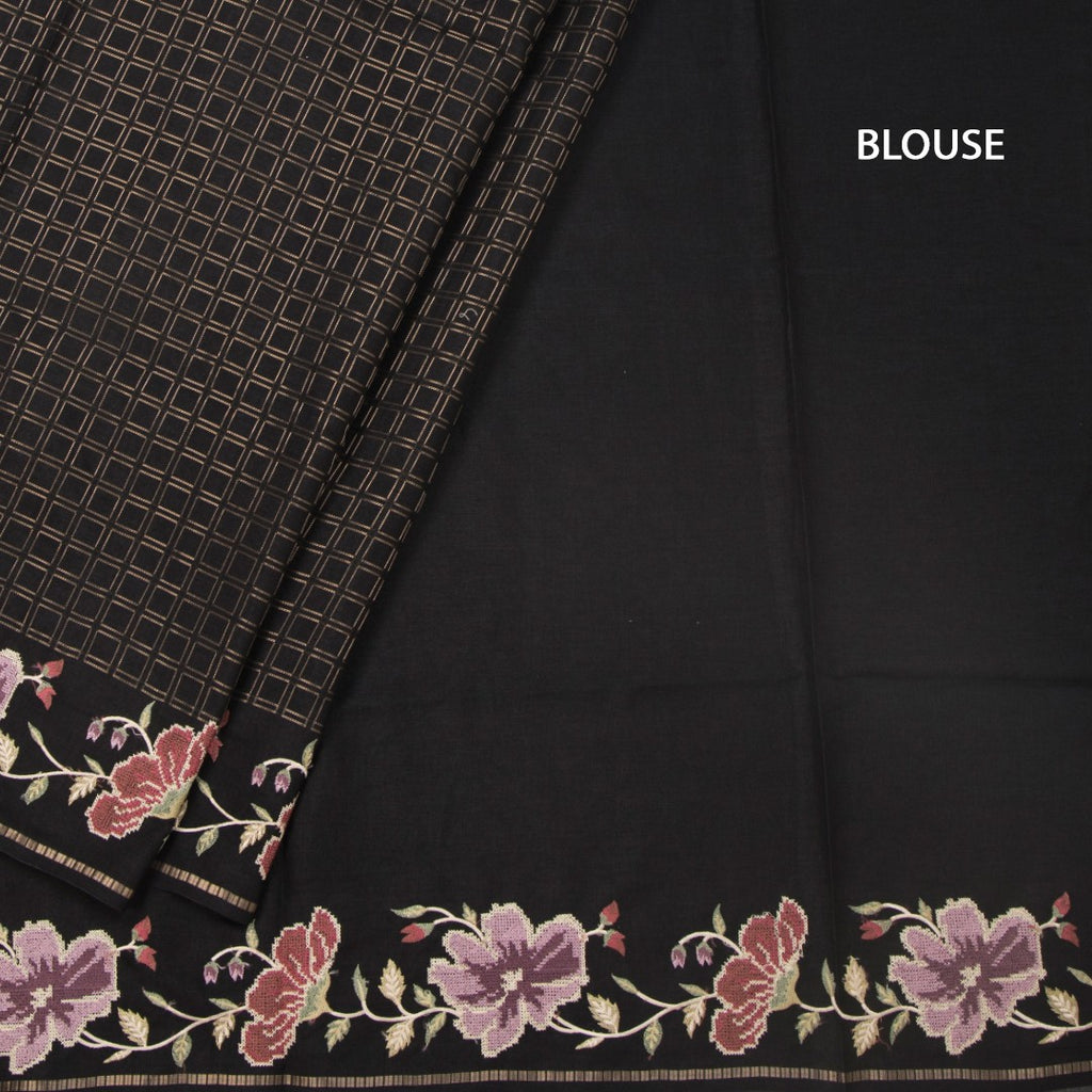RTSR42218-4-Raw-Silk-Black-Zari-Checked-Saree-And-Floral-Thread-Border-blouse
