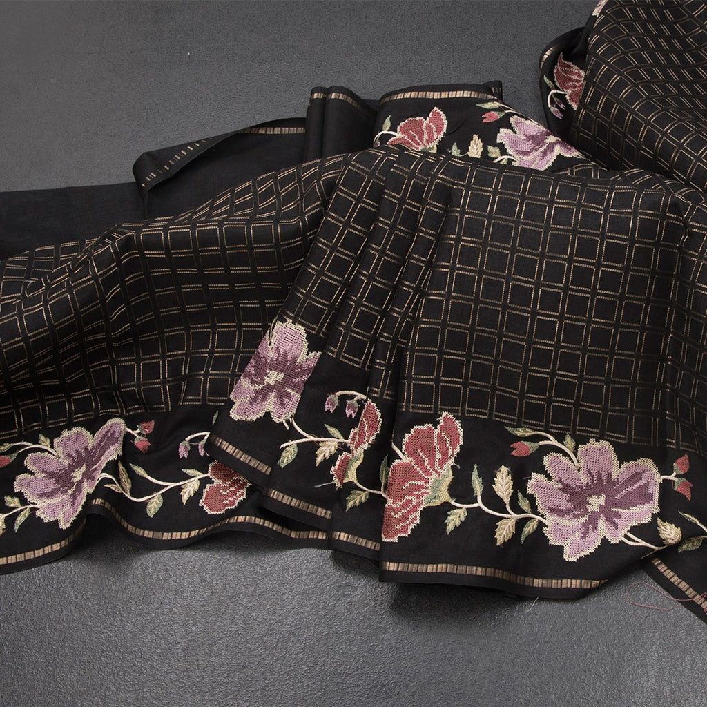 RTSR42218-Raw-Silk-Black-Zari-Checked-Saree-And-Floral-Thread-Border-main